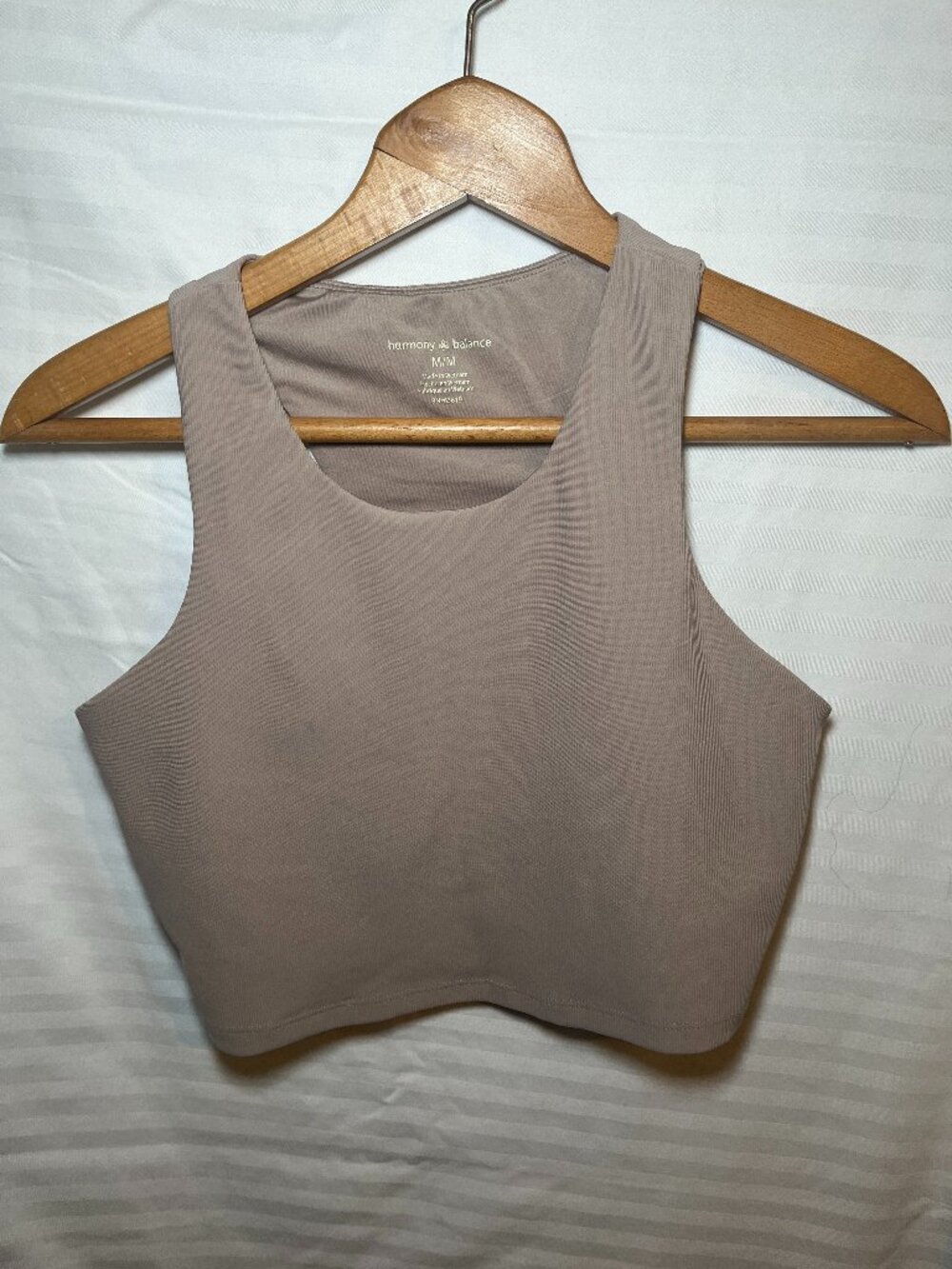 Item #197 Trendy Harmony & Balance beige ribbed crop tank sports bra with a flat